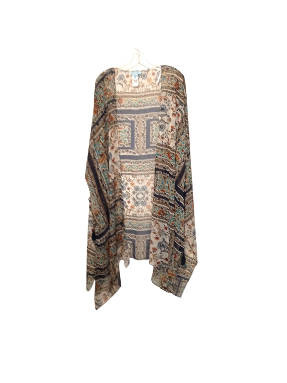 She & Sky Boho Print Silk blend Lightweight Kimono - Cream, Teal & Navy - OS
